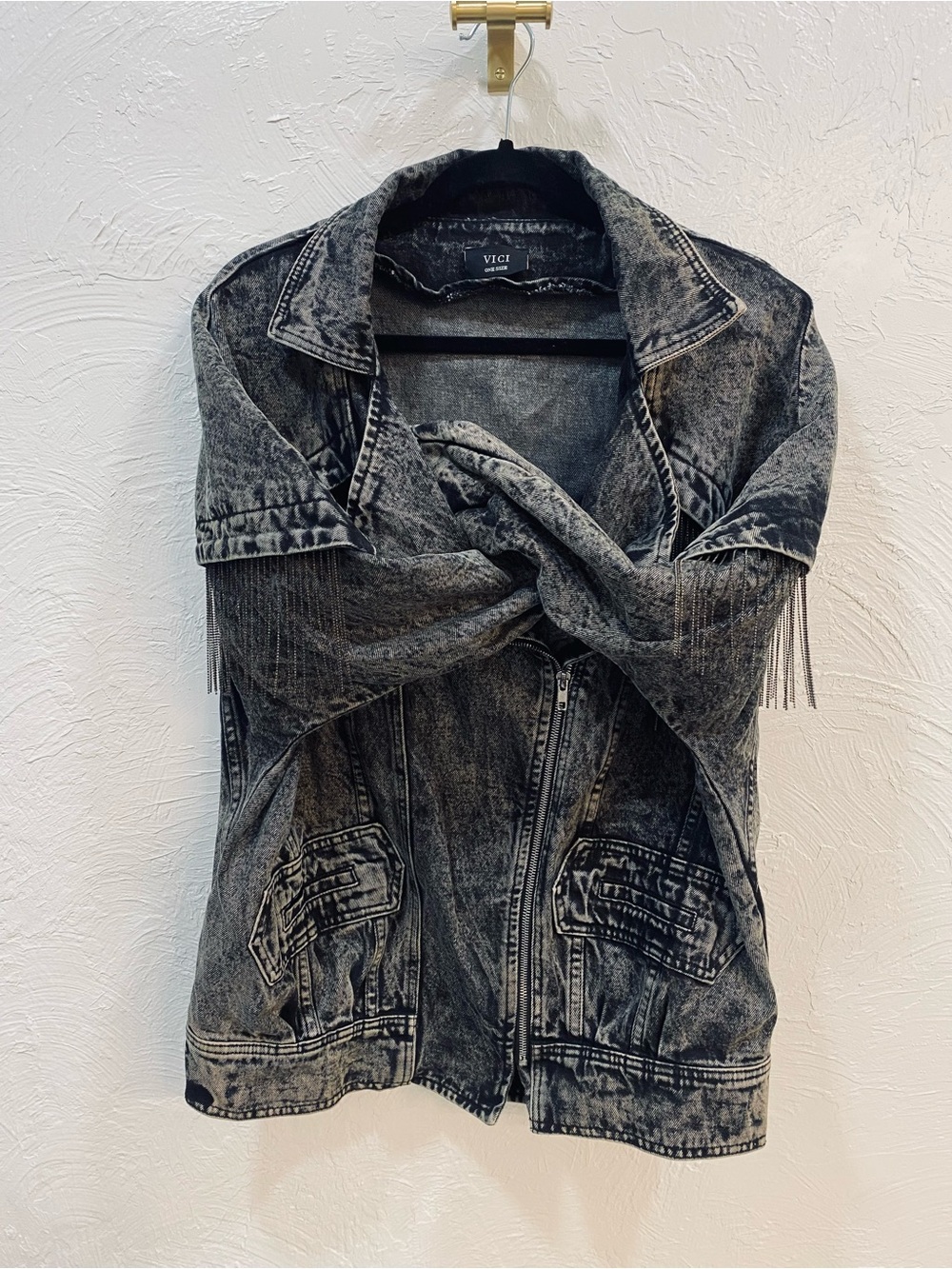 VICI Collection "Masonic" Metallic Fringe Acid Washed Denim Jacket